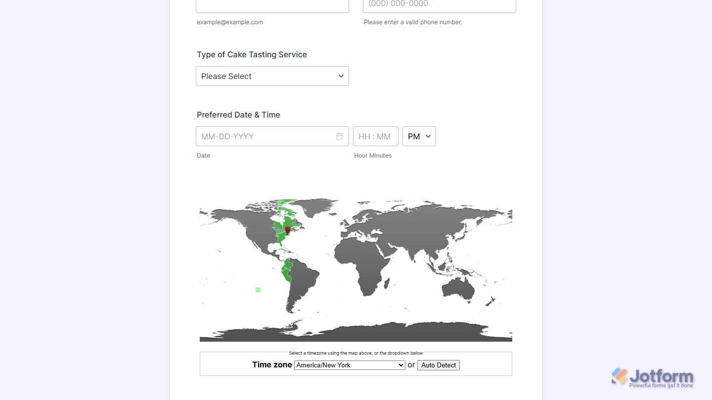 Timezone Picker widget on a Jotform Demo Form