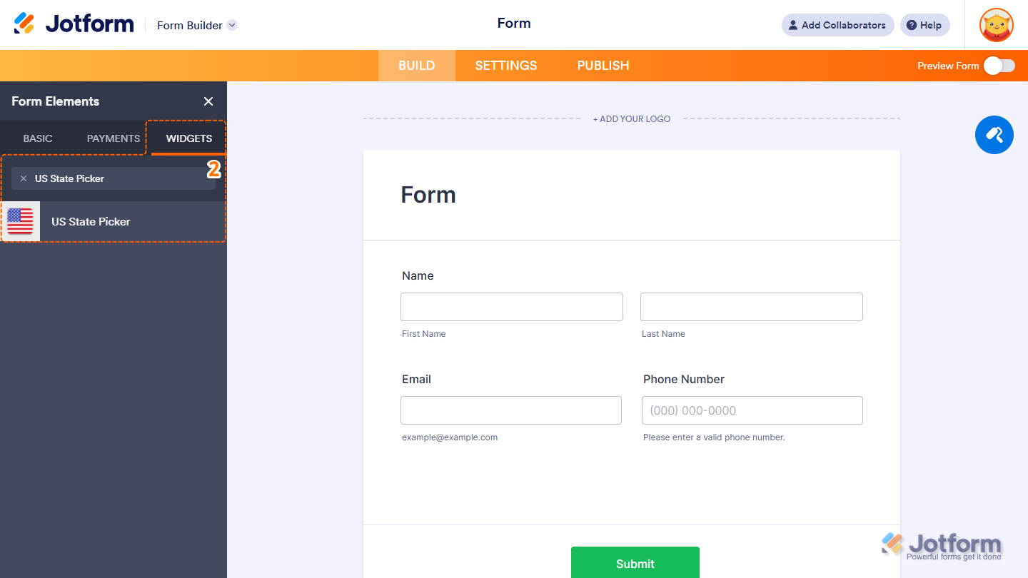 Form Elements Widgets tab showing US State Picker widget selection in Jotform