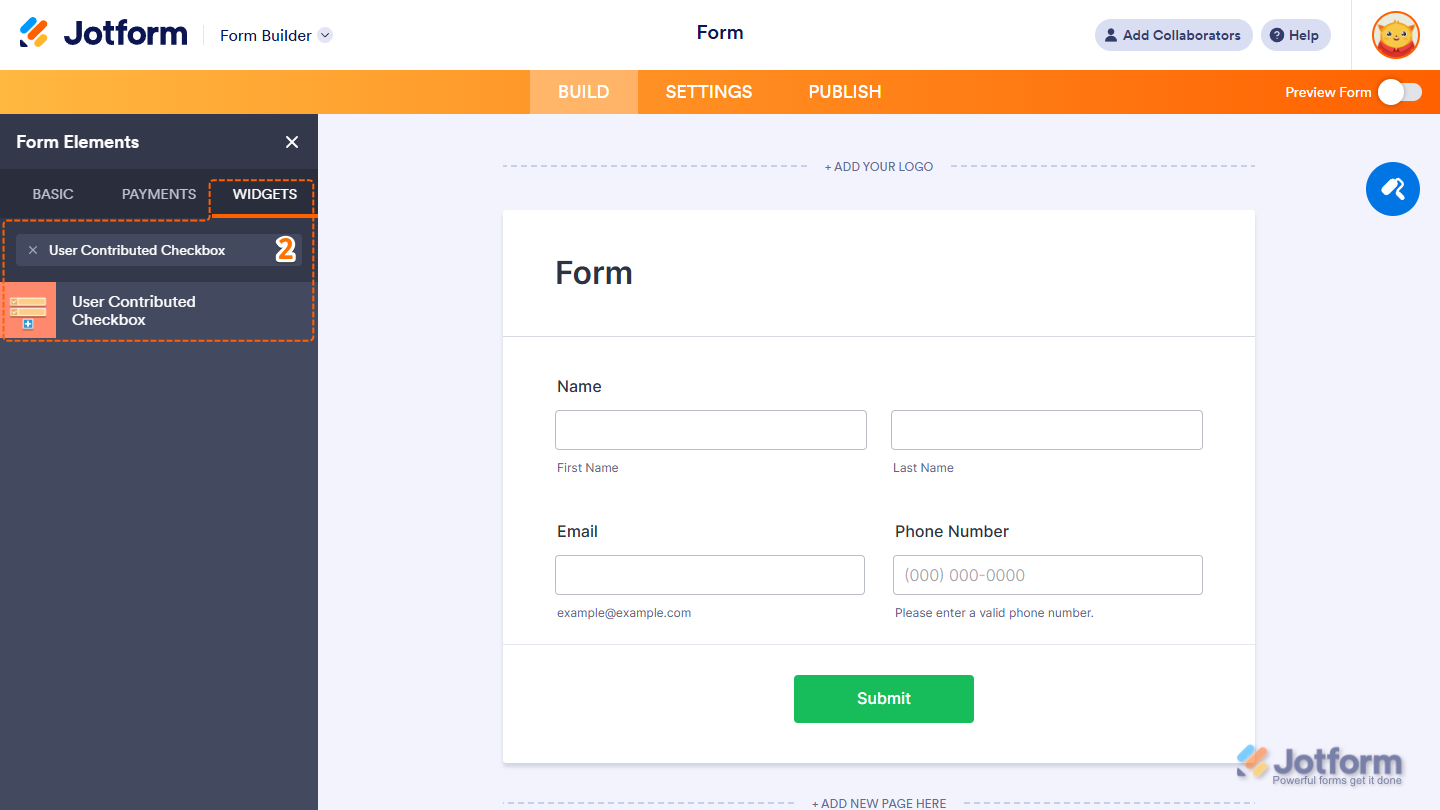 Form Elements Widgets tab showing User Contributed Checkbox Highlight widget selection in Jotform