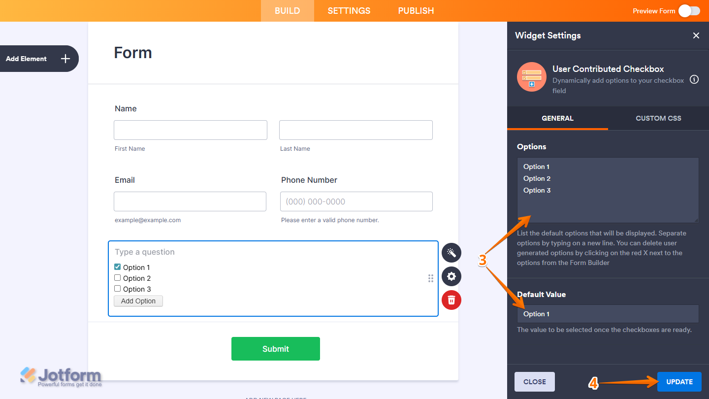 User Contributed Checkbox Highlight widget settings showing Options Default Value and Update button in Jotform