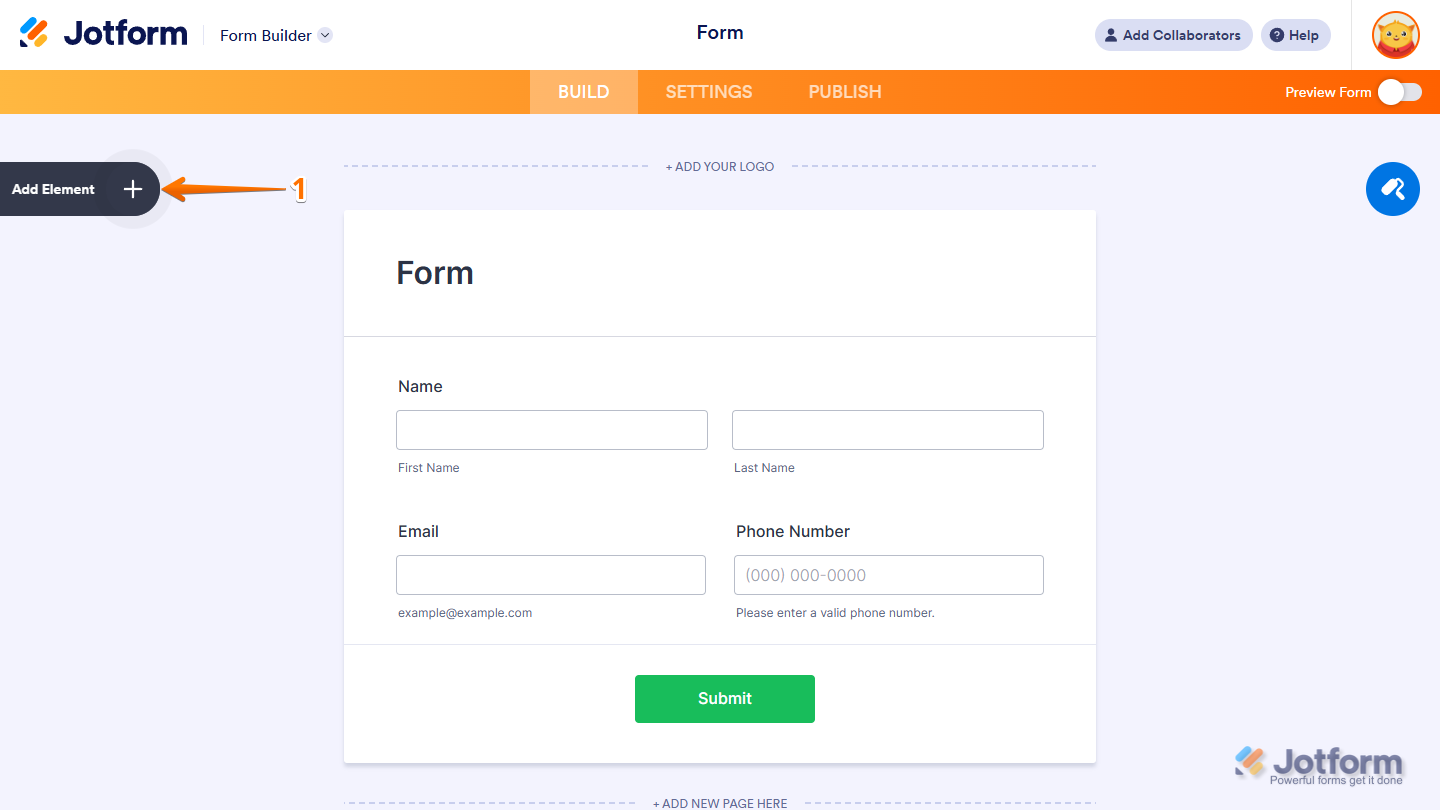 Form Builder Add Element menu in Jotform