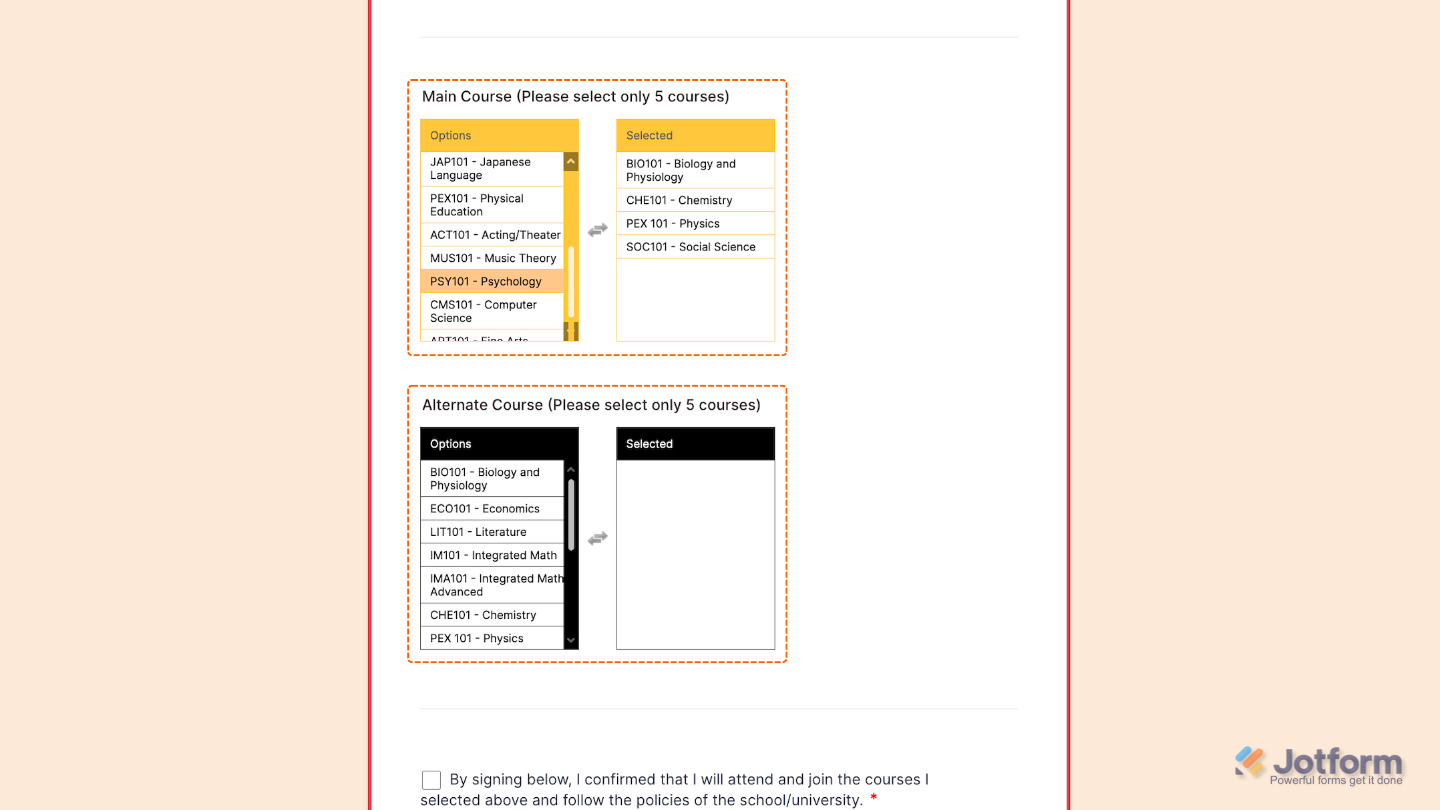 Form with the Visual Multi Select widget set up, displaying available items on the left and selected items on the right for multi-selection