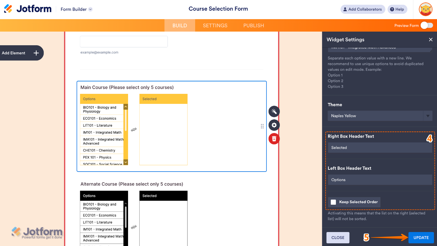 Configuring advanced Visual Multi Select widget settings in Form Builder, including custom box headers and preserving the order of selected items