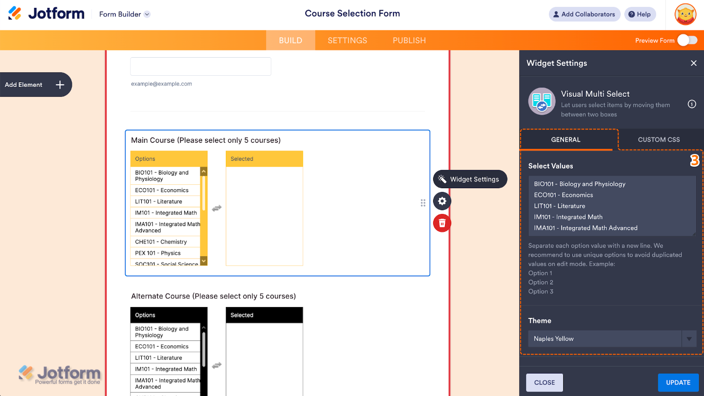 Widget Settings panel for the Visual Multi Select widget displaying fields for Select Values and Theme customization in Form Builder