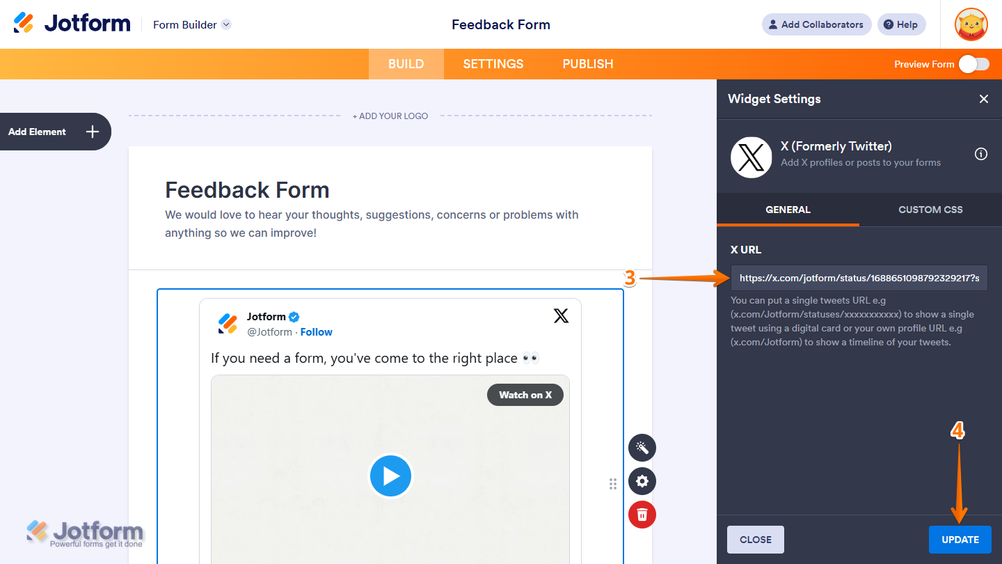 X (Formerly Twitter) Widget Settings in Jotform Form Builder