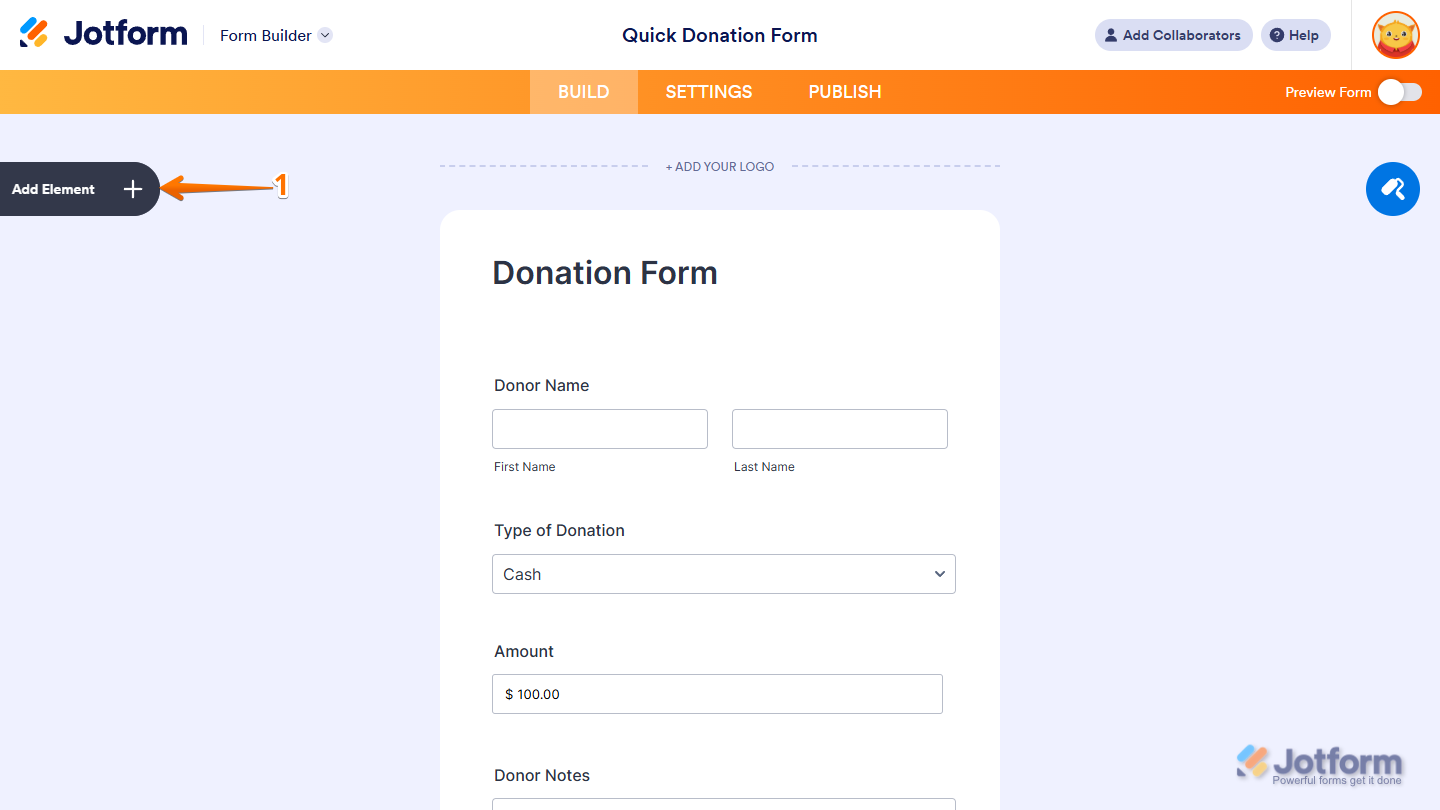 Add Element button in Jotform Form Builder