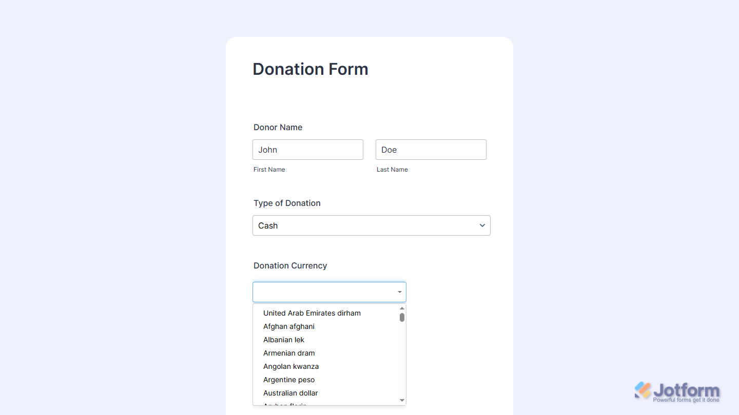 Currency Picker widget on a Jotform form