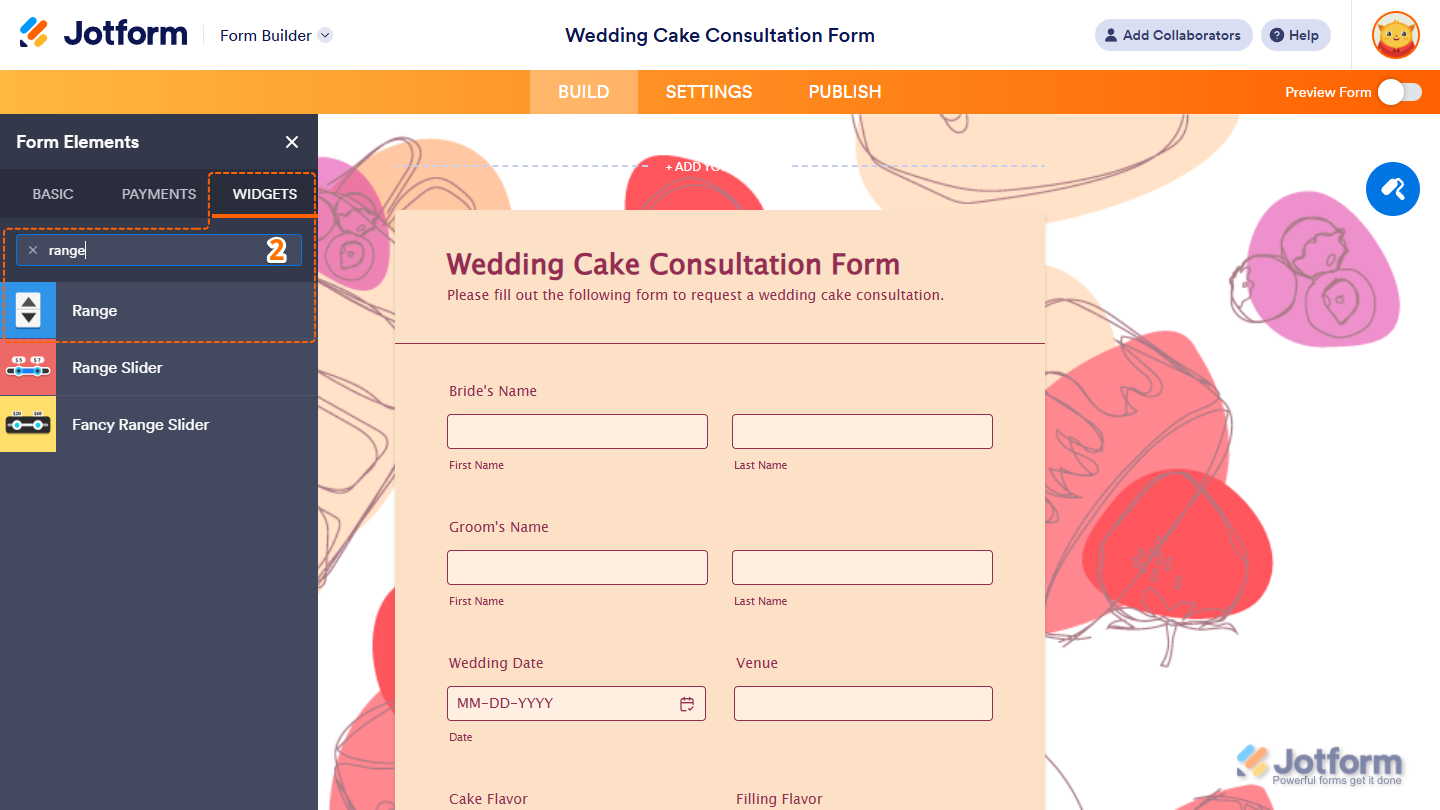 Range element under the Widgets tab of the Form Elements menu in Jotform Form Builder