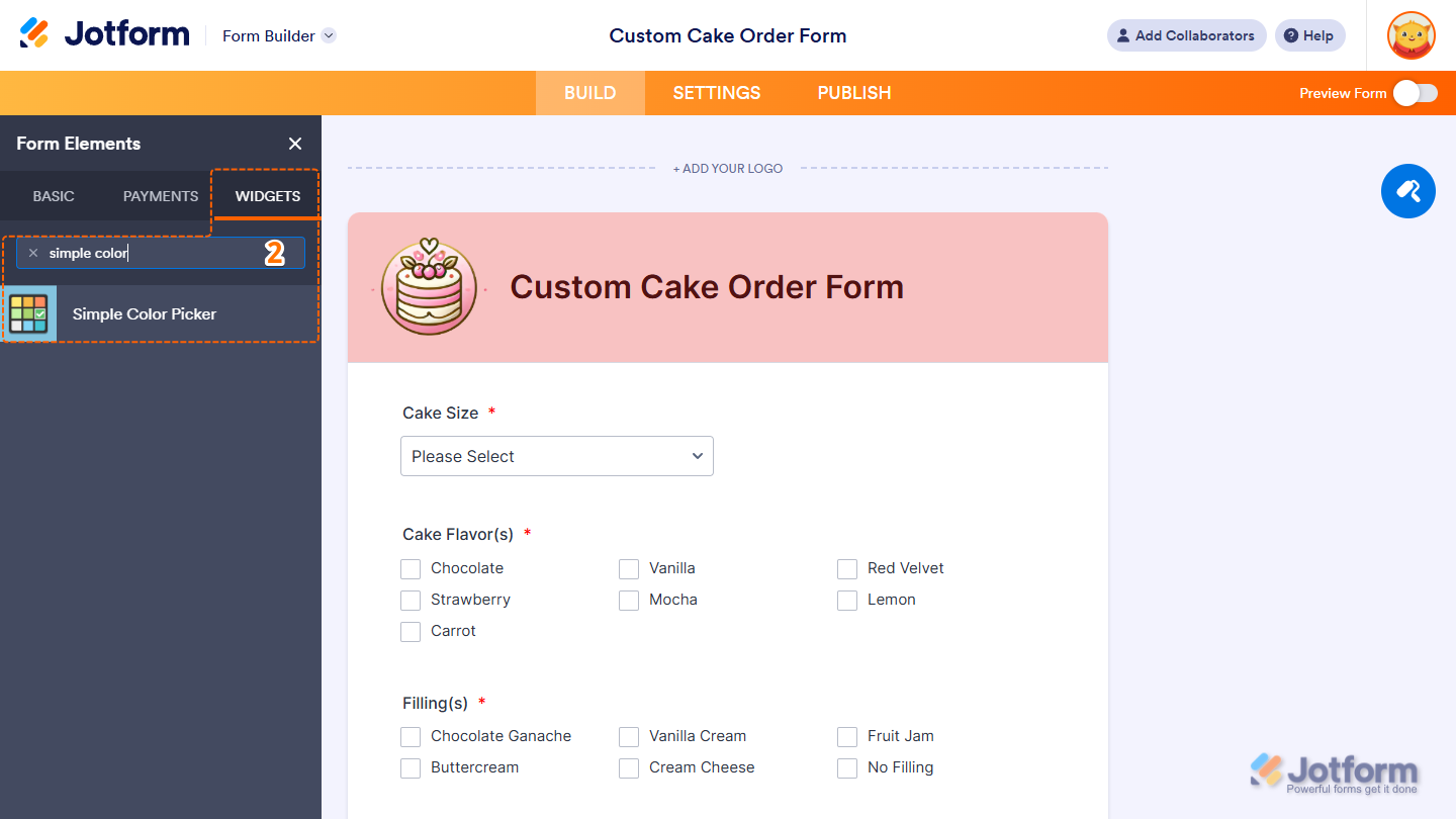 Simple Color Picker element under the Widgets tab of the Form Elements menu in Jotform Form Builder