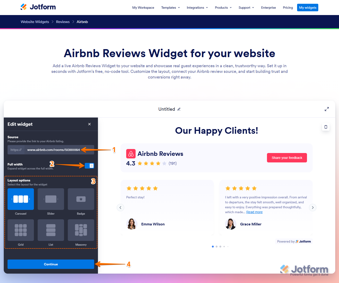 Source Input box, Full Width setting, Layout options, and Continue button in the Edit Widget menu on the Airbnb Reviews Widget page