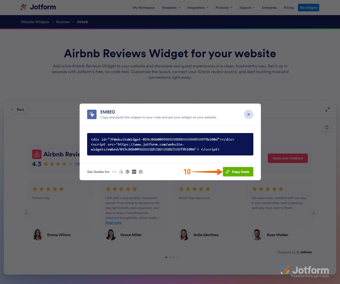Copy Code button in the Embed window on the Airbnb Reviews Widget page