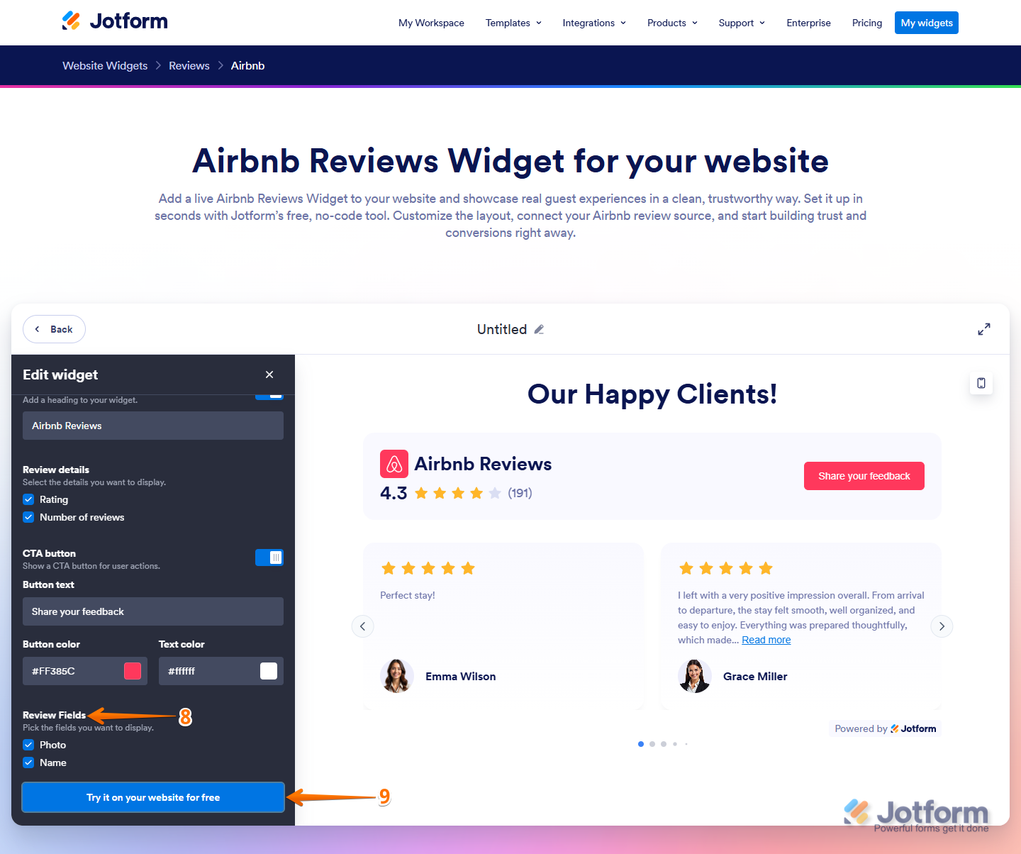 Review Fields setting in the Edit Widget menu on the Airbnb Reviews Widget page