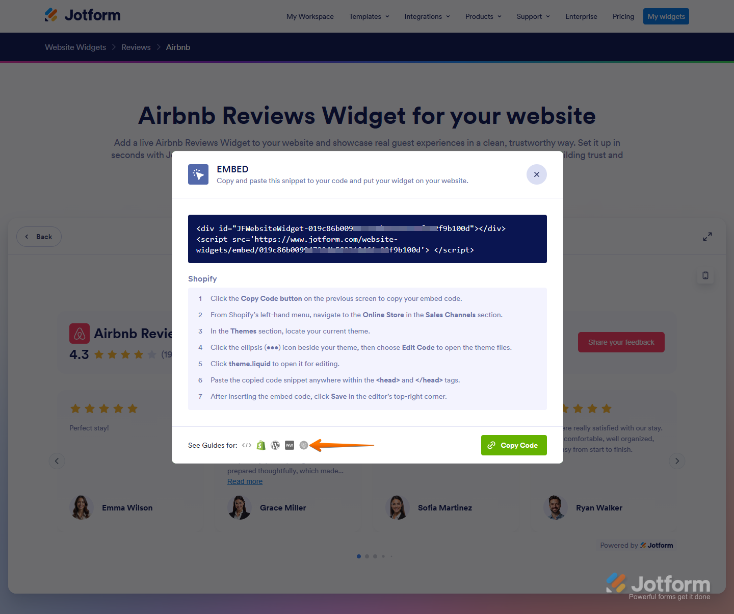 Other platforms embed option steps in the Embed window on the Airbnb Reviews Widget page