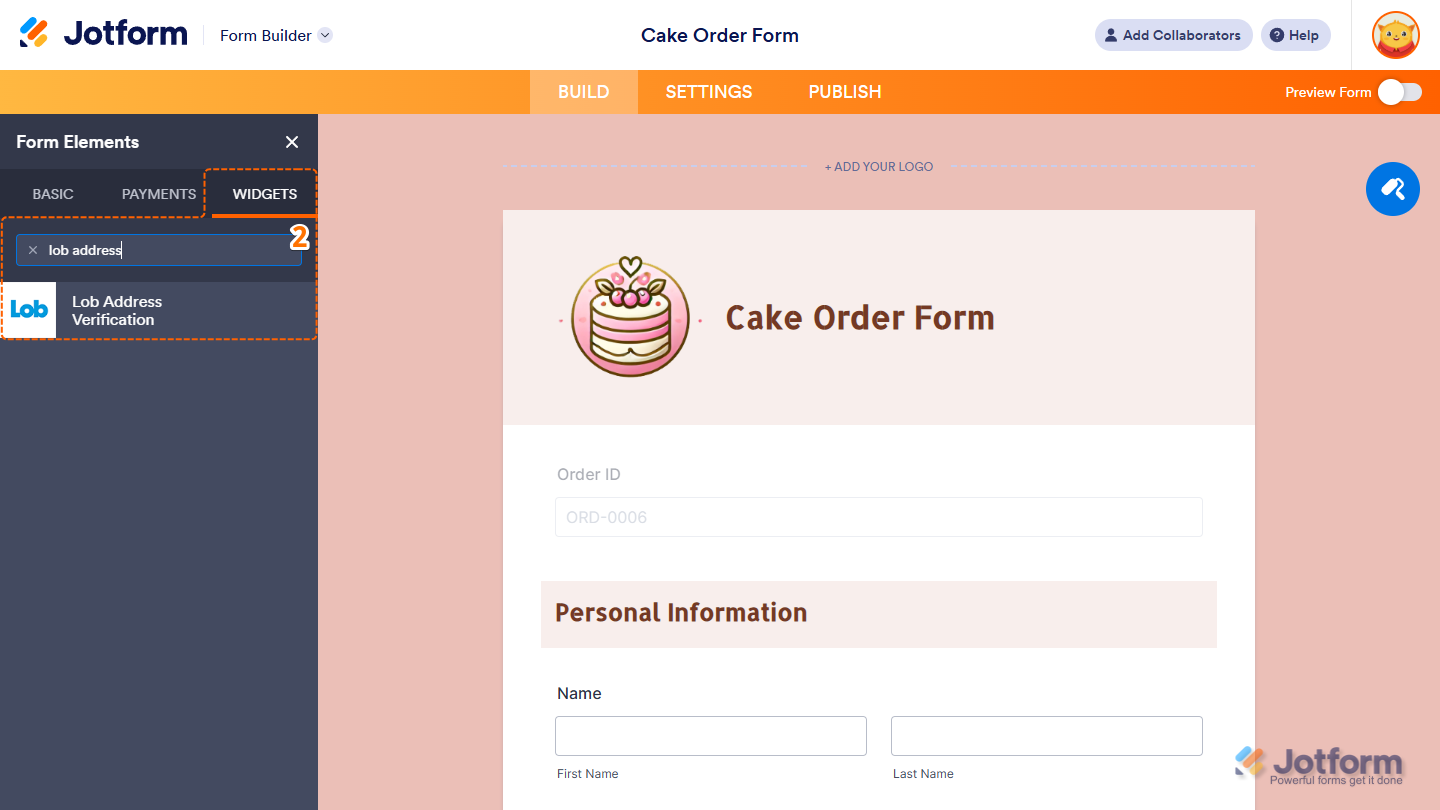 Lob Address Verification element under the Widgets tab of the Form Elements menu in Jotform Form Builder