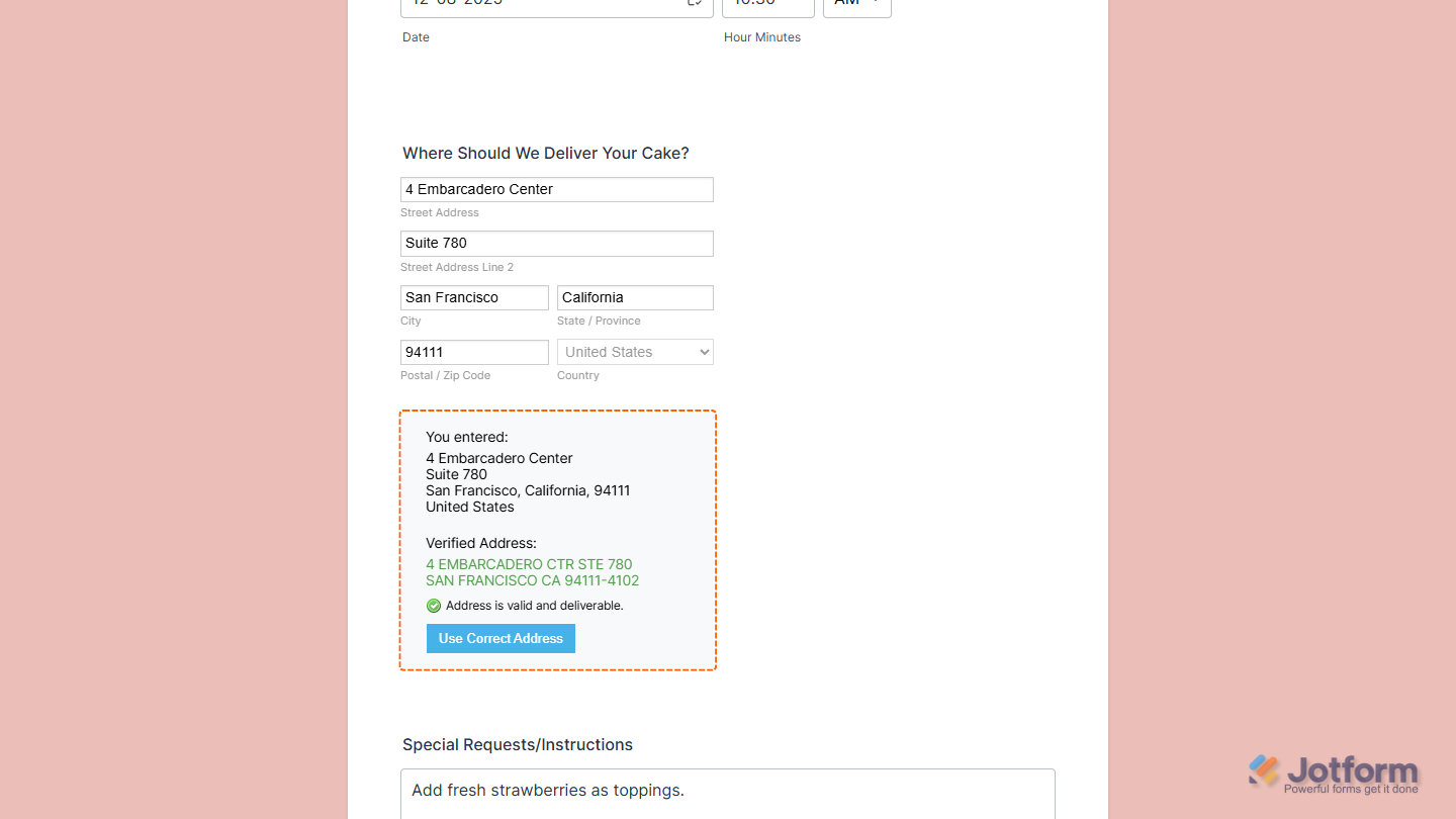 Lob Address Verification widget on a Jotform Demo Form