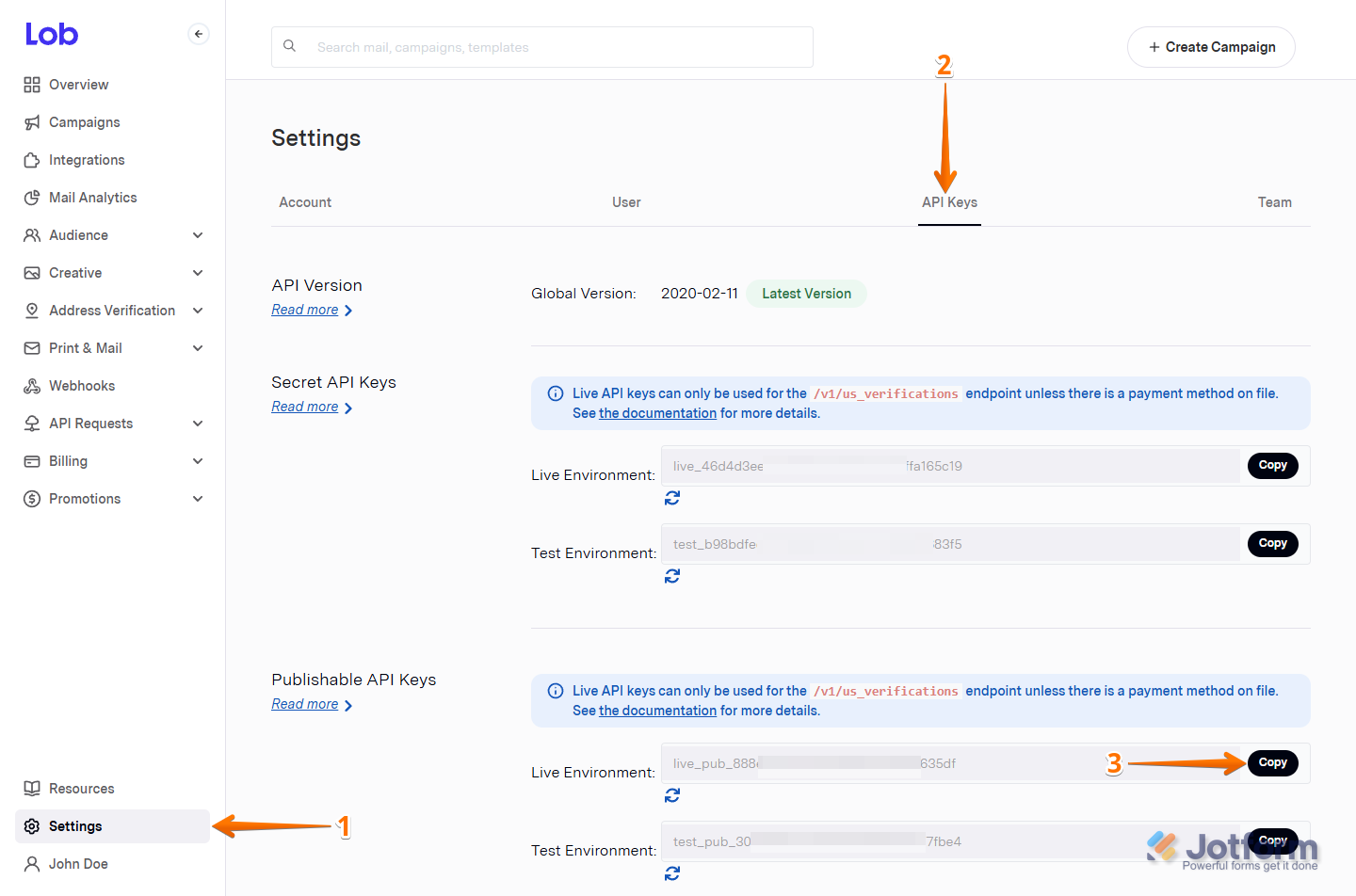 Live Environment API key in the Publishable API Keys section under the API Keys tab in Lob Account Dashboard