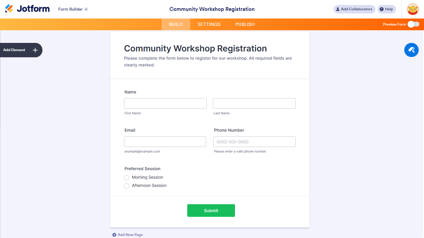 Form Builder Add Element menu in Jotform