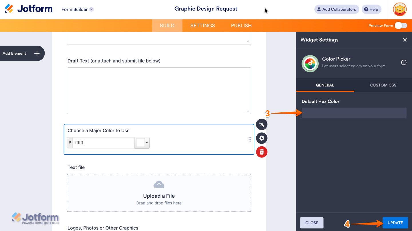 Color Picker widget settings showing the Default Hex Color field being configured before clicking Update