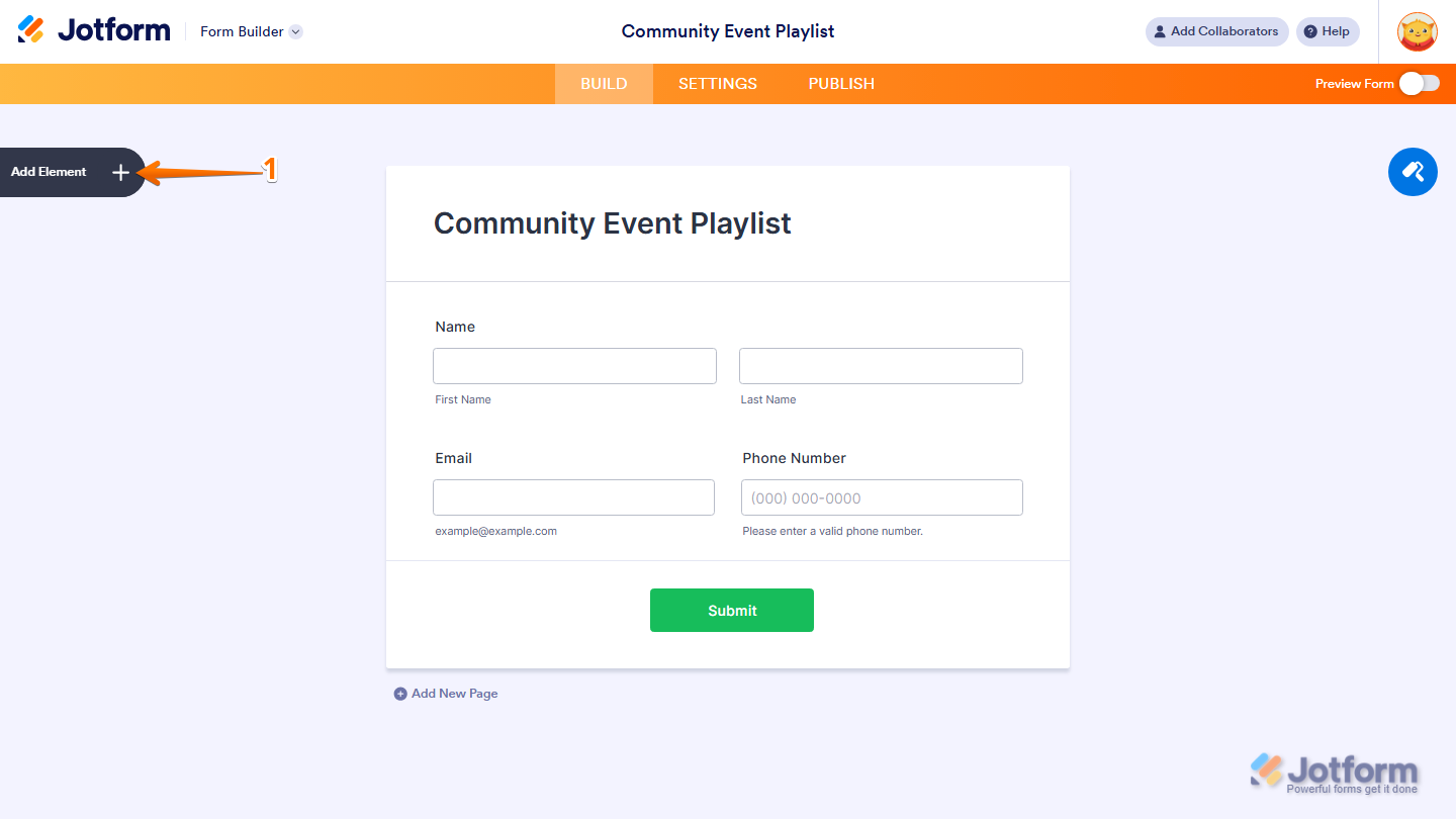 Form Builder Add Element menu in Jotform