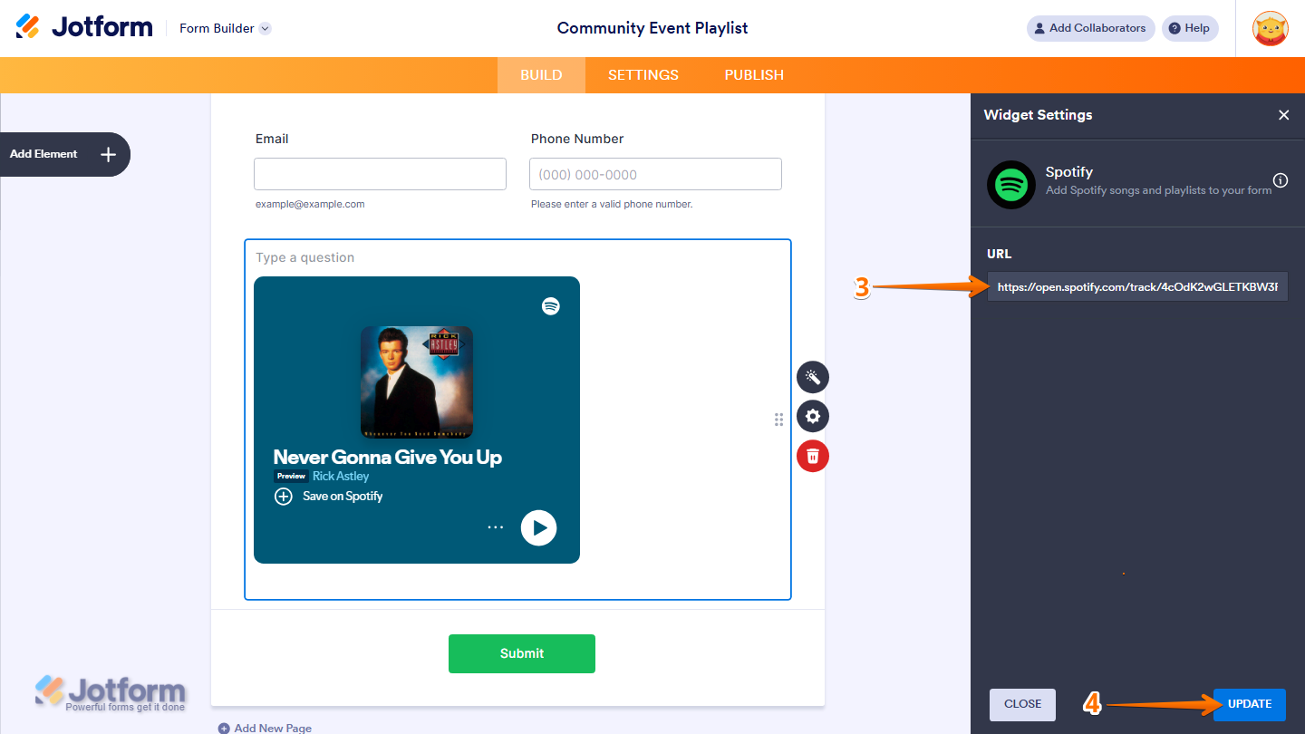 Spotify widget settings showing URL input field and Update button in Jotform