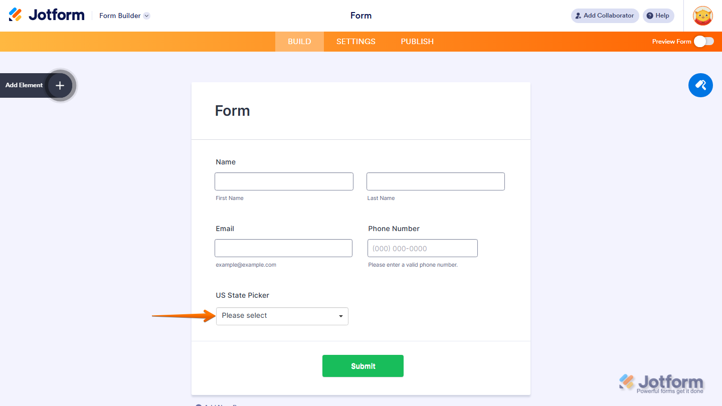 Us State Picker widget added on your Form in Jotform