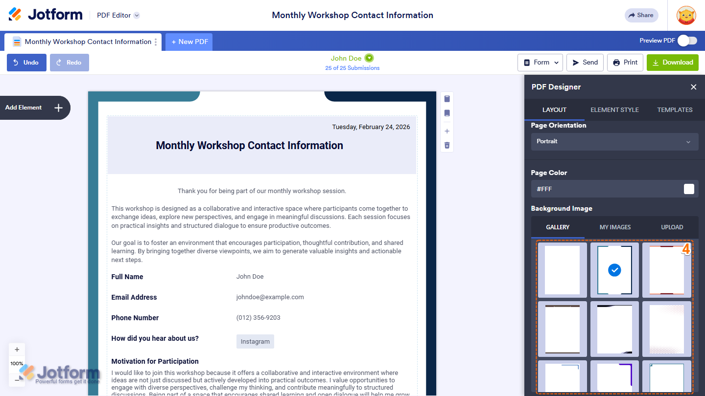 PDF Editor interface showing Paint Roller icon selected on the right side in Jotform