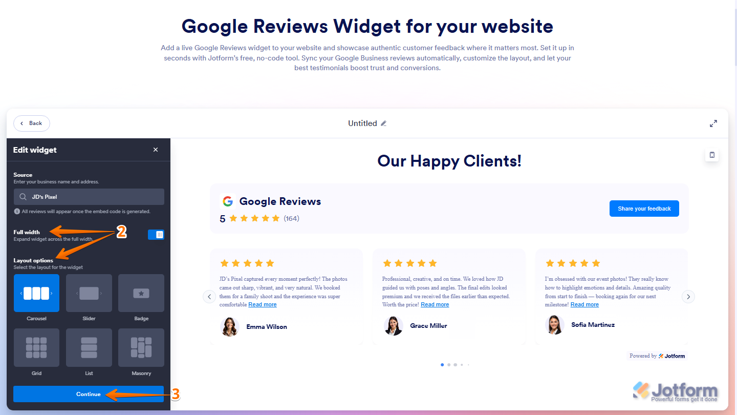 Google Reviews widget settings showing Full Width toggle and Layout Options with Continue button