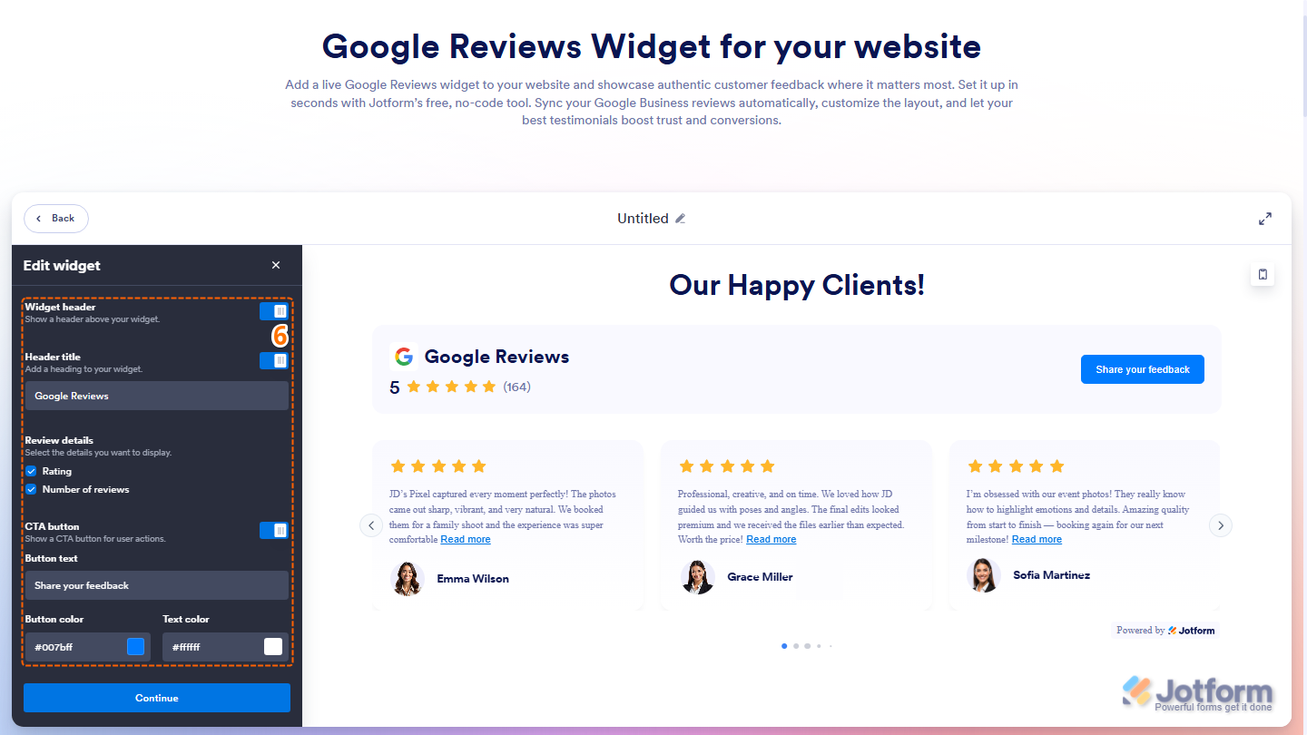 Google Reviews widget configuration panel showing Widget Header Header Title Review Details CTA Button Button Text Button Color and Text Color options
