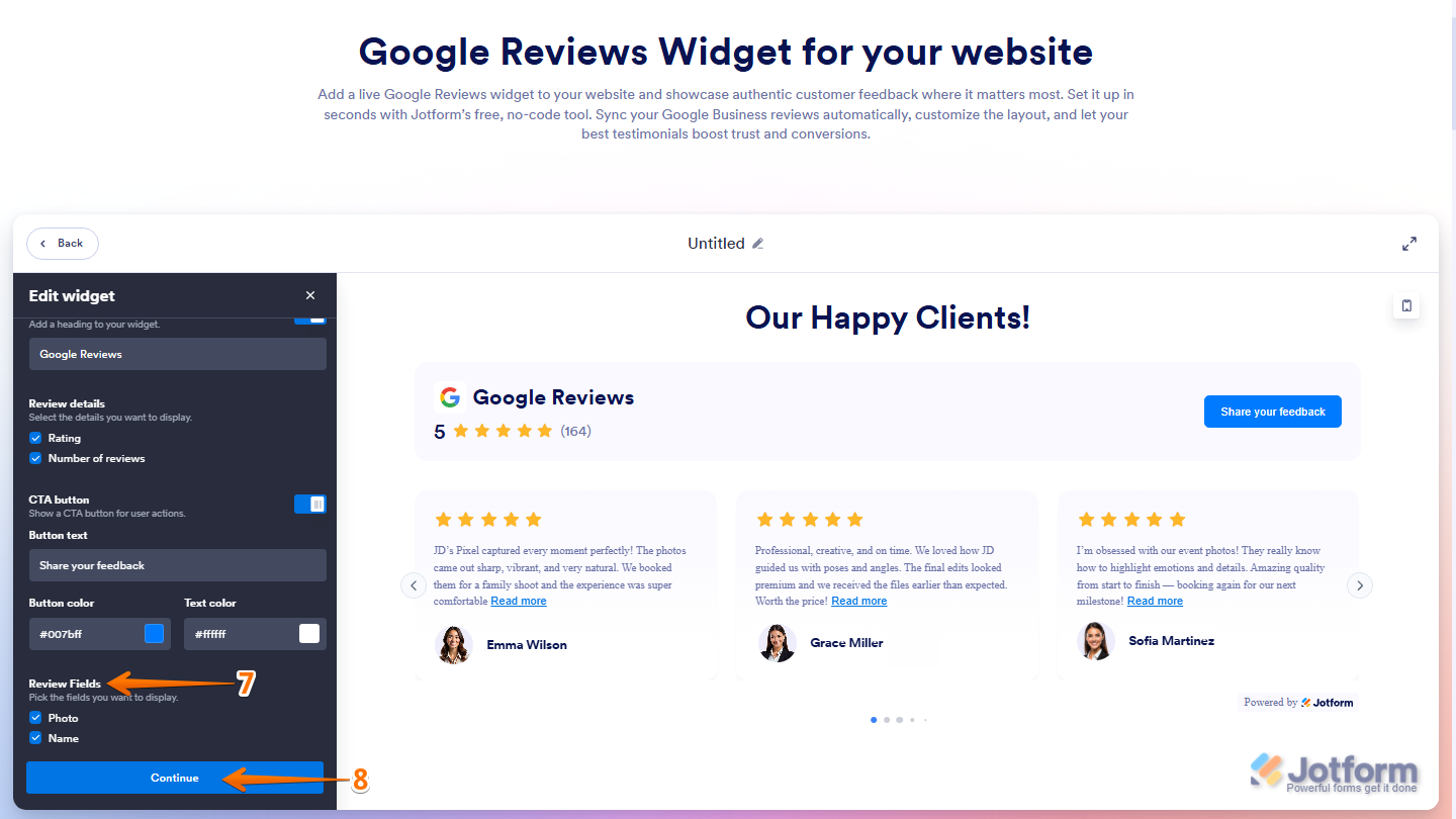 Google Reviews widget configuration panel showing Review Fields selection and Try It on Your Website for Free button