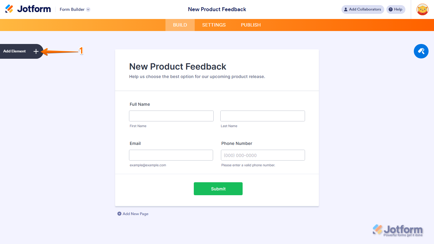 Form Builder Add Element menu in Jotform
