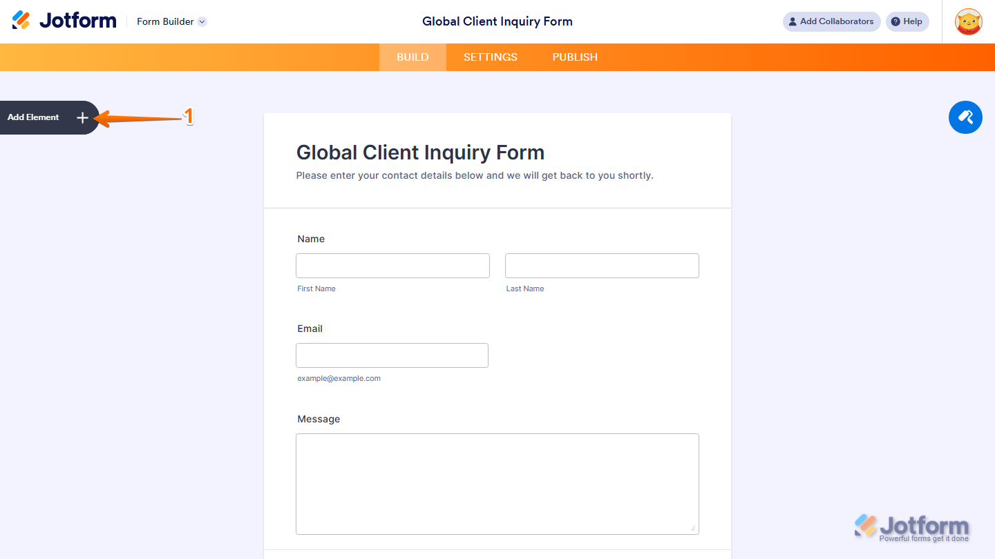 Form Builder Add Element menu in Jotform