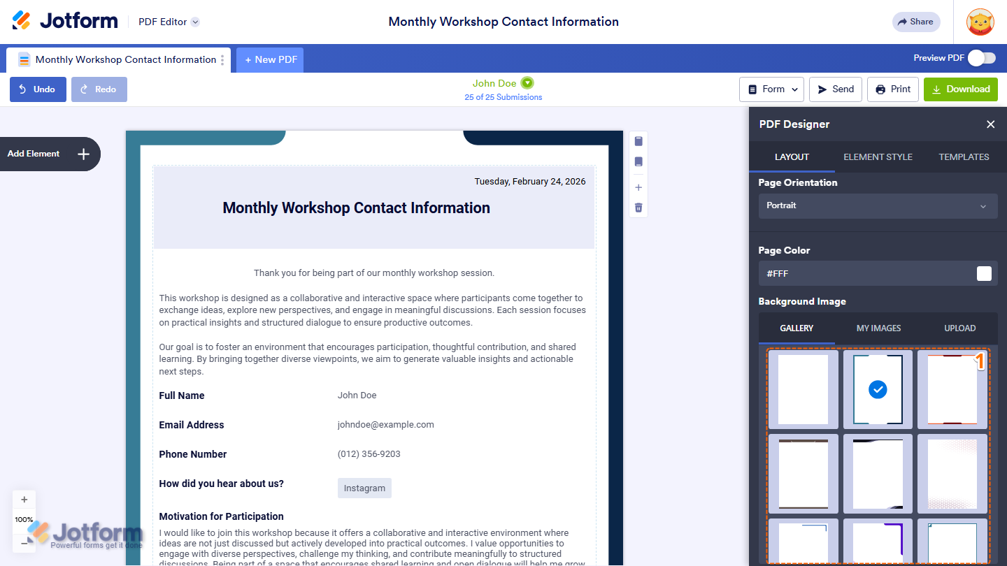 PDF Designer Layout tab showing Background Image Gallery with alternative pattern selection in Jotform