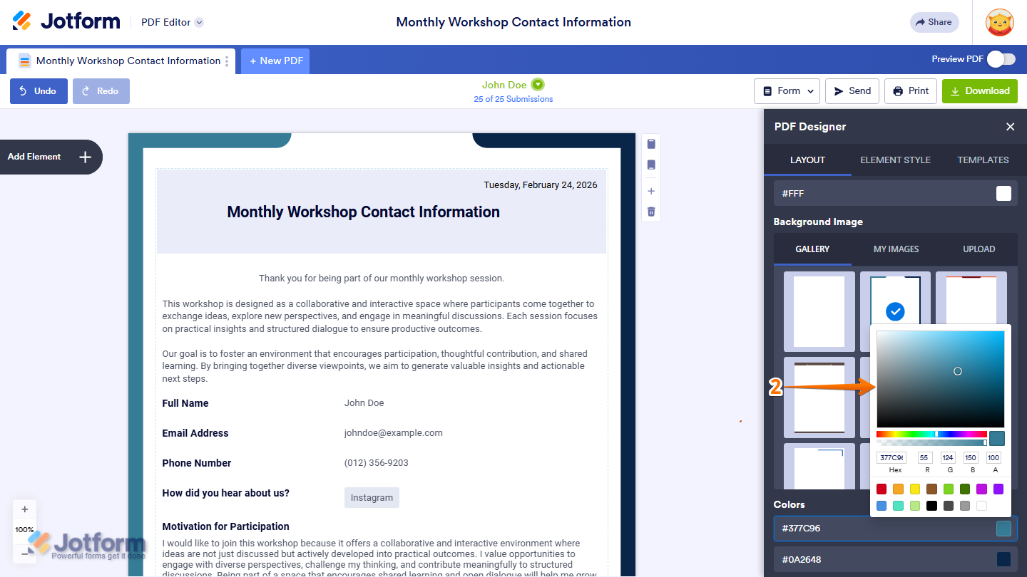 PDF Designer Color Picker window showing Background Pattern color selection in Jotform