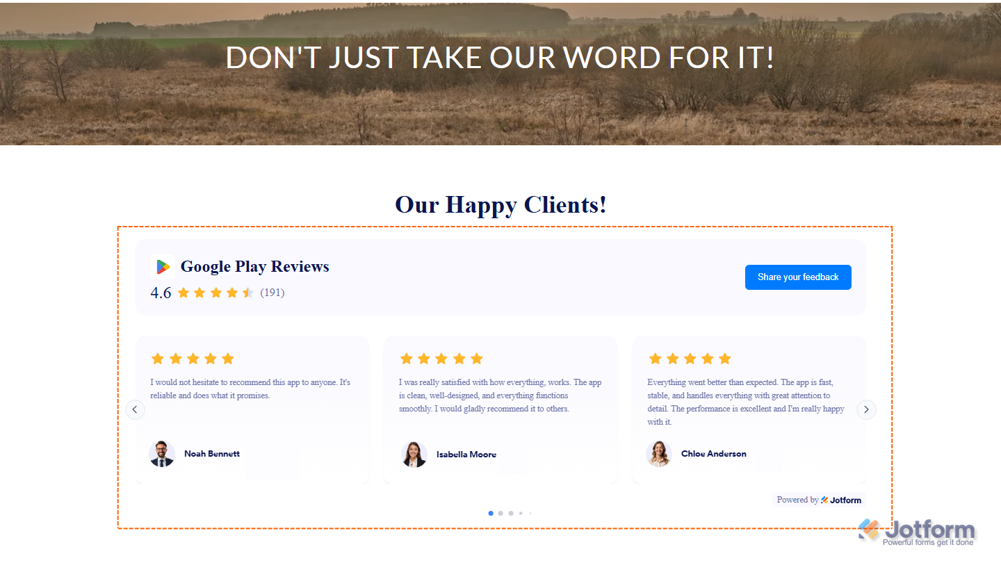 Demo website showing embedded Google Play Reviews widget displaying live app reviews