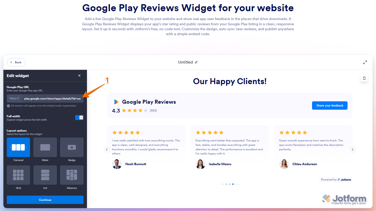 Google Play Reviews widget settings showing Google Play URL input field in Jotform