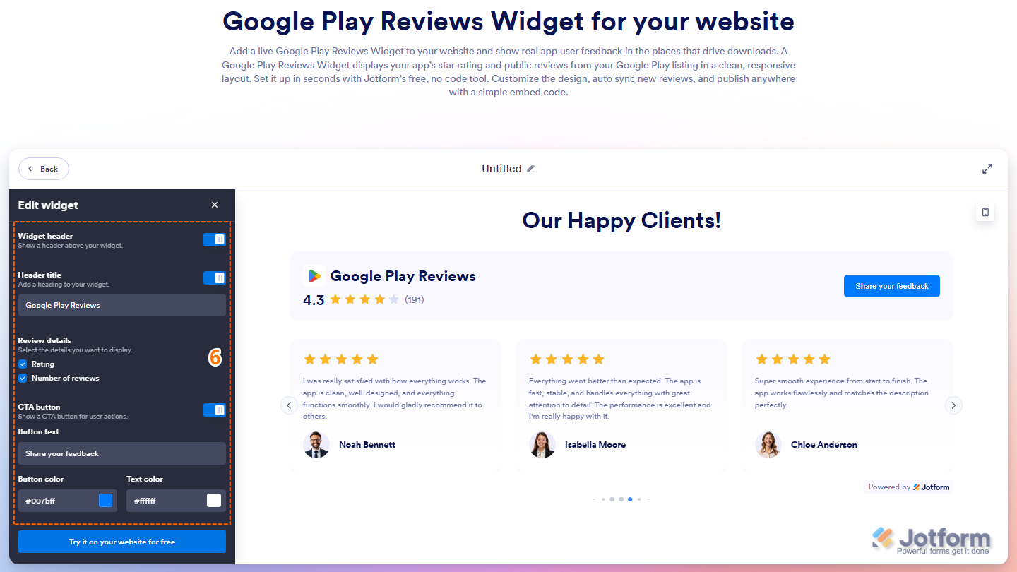 Google Play Reviews widget configuration panel showing Widget Header Header Title Review Details CTA Button Button Text Button Color and Text Color options
