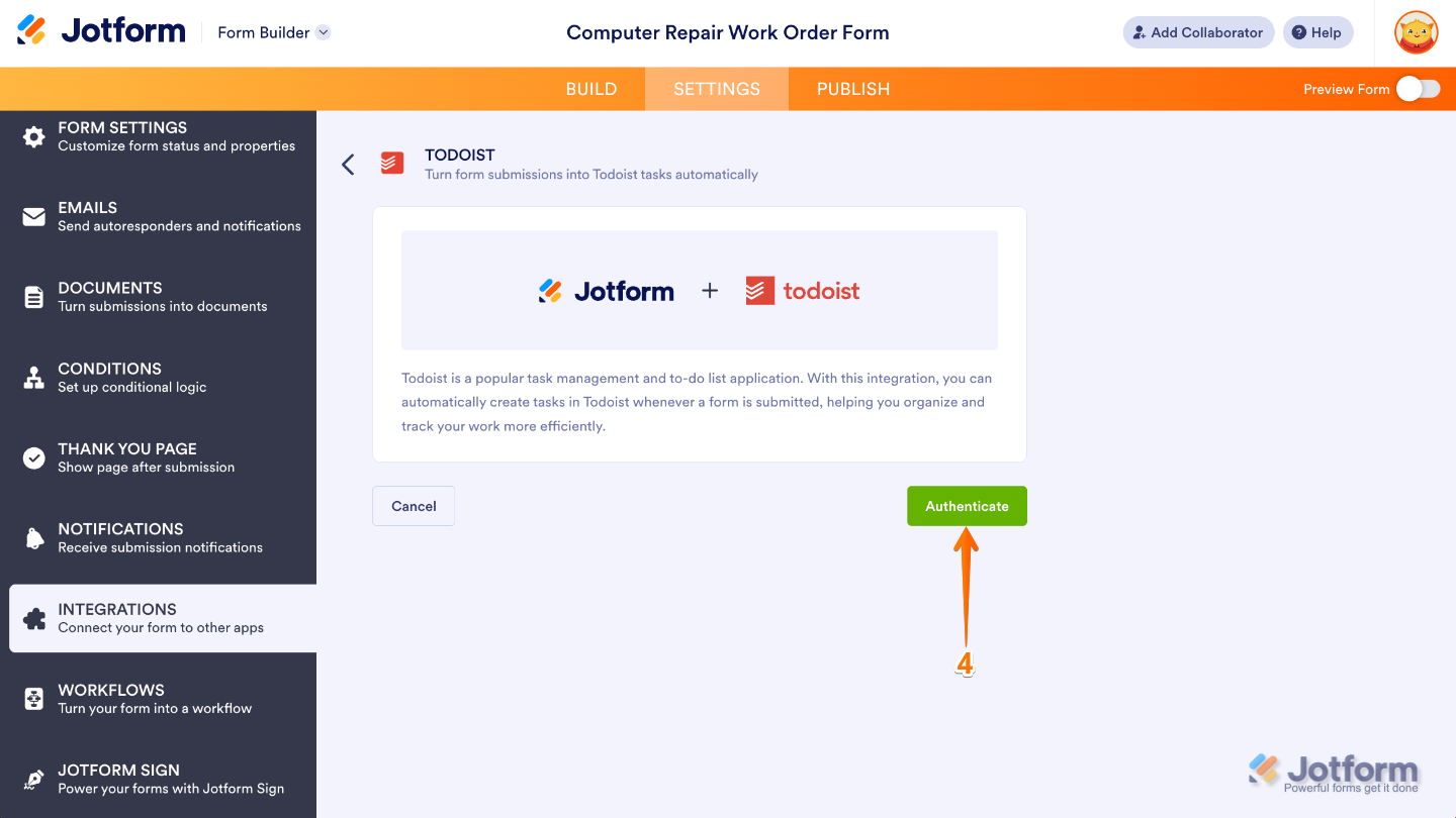 Todoist integration screen showing the Authenticate button to connect your account
