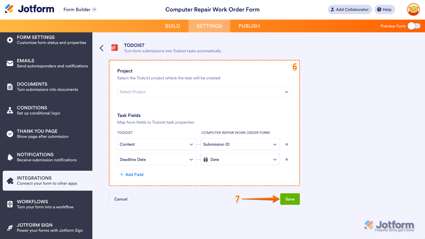 Todoist integration screen showing selection of Projects and mapping Task Fields to form fields before saving