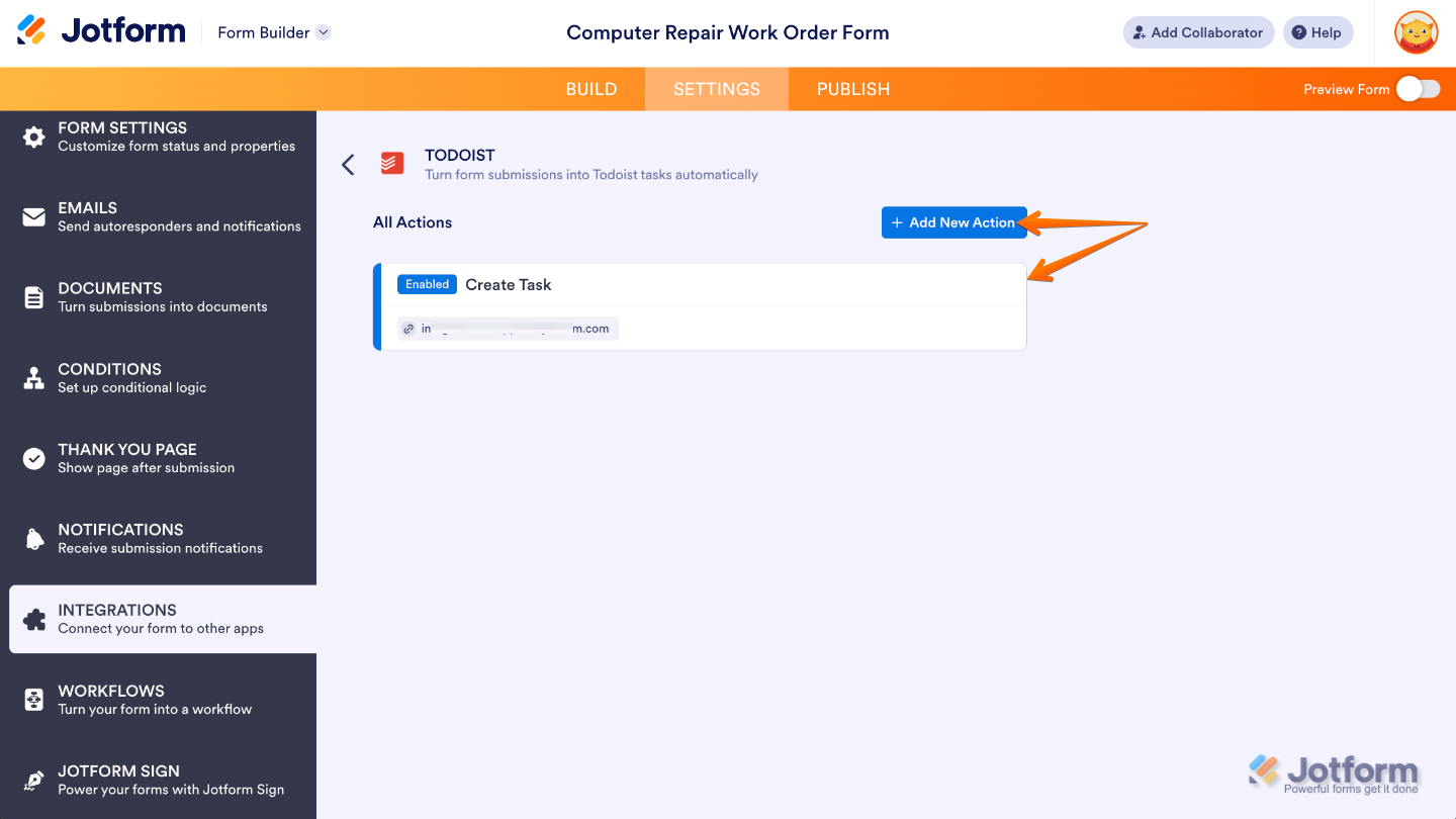 Todoist integration completed showing the main integration page with the newly created action and Add New Action button