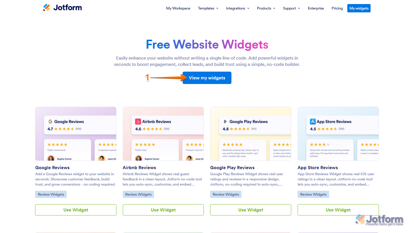 Website Widgets page showing View My Widgets button in Jotform
