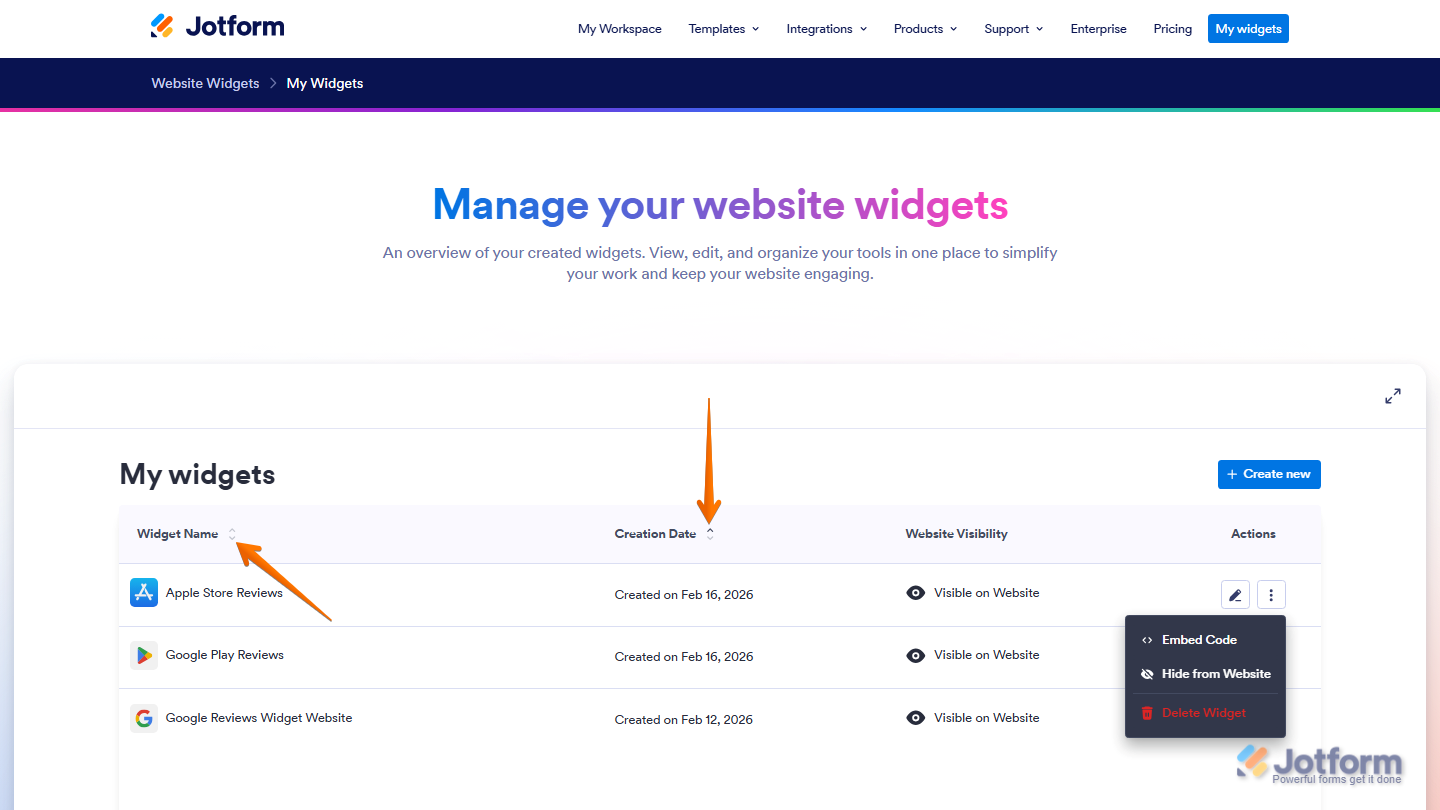 Website Widgets dashboard showing sorting arrows for Widget Name and Creation Date columns in Jotform