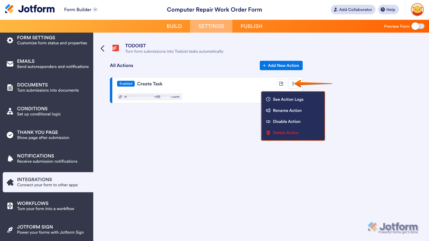 Todoist integration showing the Three Dots icon on an existing action with options to edit, duplicate, or remove it