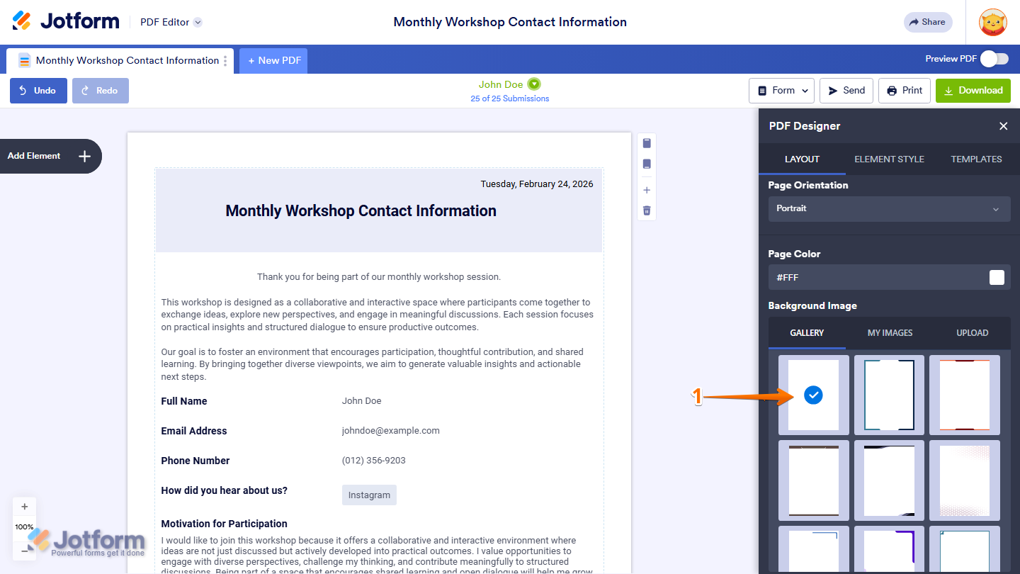 PDF Designer Layout tab showing Background Image Gallery with blank default background option selected in Jotform