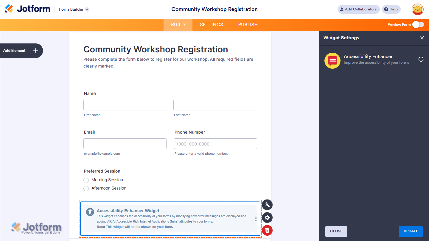 Accessibility Enhancer widget successfully added and configured on a Jotform form