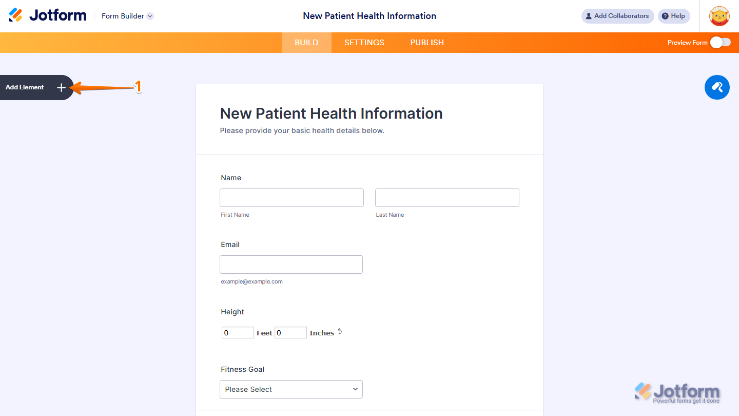 Form Builder Add Element menu in Jotform