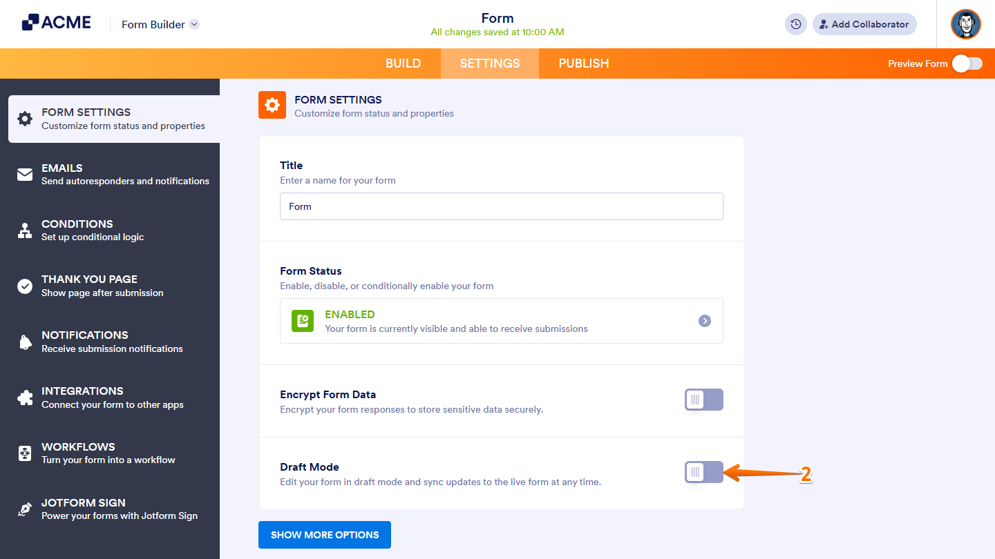 Draft Mode toggle in the Form Settings page of Jotform Builder