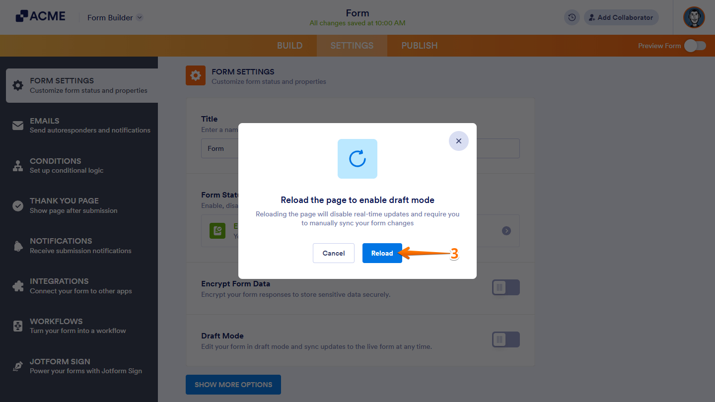 Reload button in the Draft Mode prompt window in Form Builder