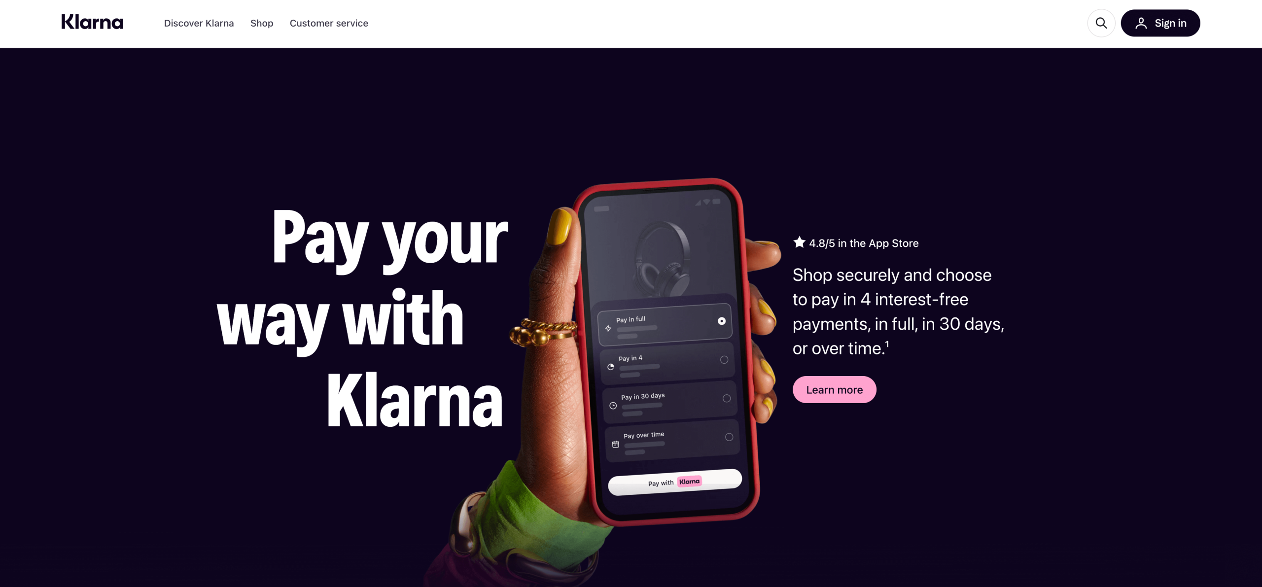 Screenshot of Klarna's landing page, showing a headline "Pay your way with Klarna"
