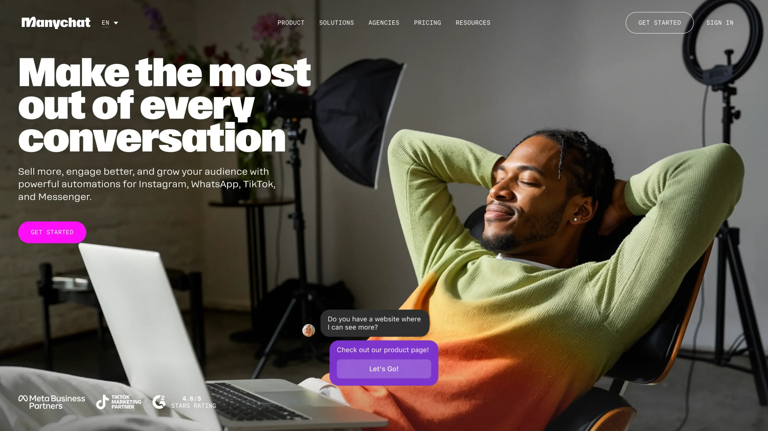 Manychat landing page with the headline ‘Make the most out of every conversation,’ a ‘Get started’ button, and a photo of a person reclining with a laptop, with a chat overlay showing a sample message and quick-reply buttons