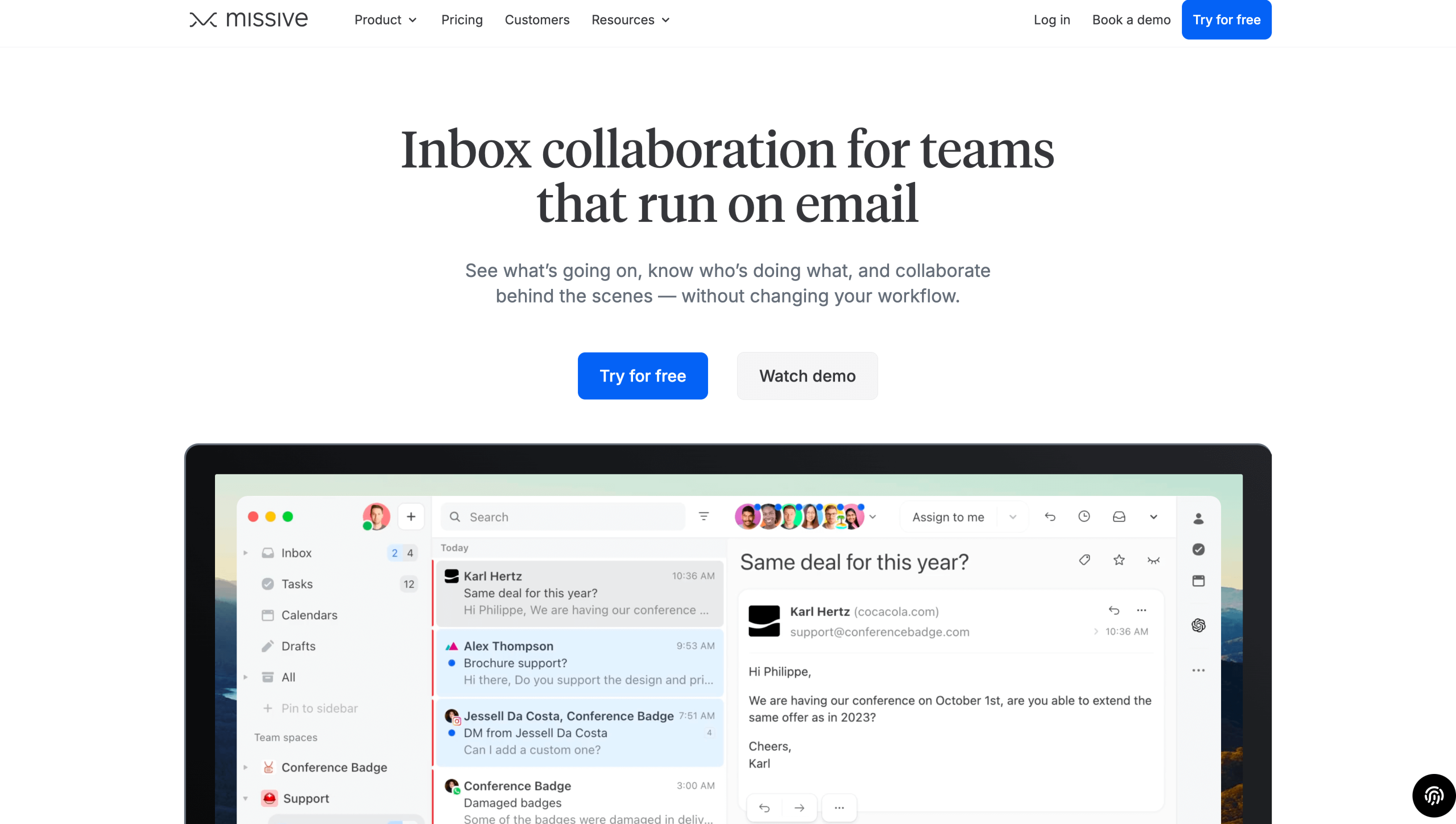 Screenshot of Missive's landing page,showing a headline "Inbox collaboration for teams that run on email"